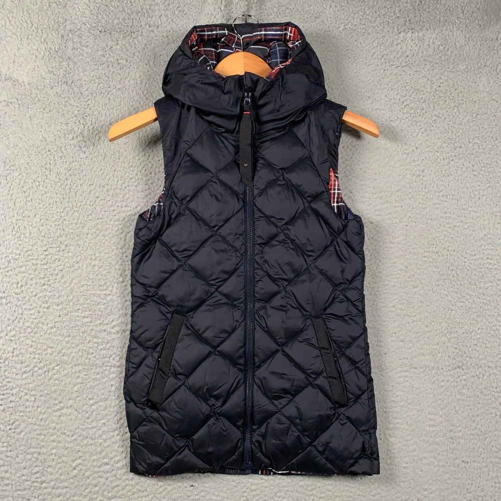 Lululemon The Fluffiest Vest Down Vest Women's 2 Navy/Plaid Reversible Hooded